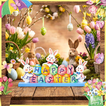 MiniInflat Easter Bunny Metal Sign - Spring Table Decor for Home & Office | Pastel Centerpiece with Wood Base