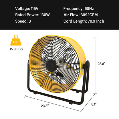 20 Inch Heavy Duty Metal Industrial Drum Fan, 3 Speed Floor Fan for Warehouse, Workshop, Factory and Basement - High Velocity, Yellow