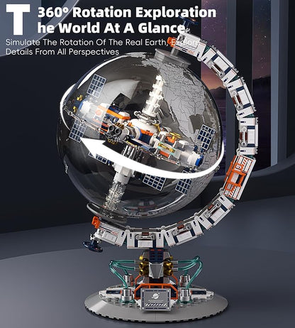 Space Station Globe Building Set for Adults 360° Rotatable STEM Toys with Dual Illumination Modes Compatible with Lego Hobby Gifts for Adults/Teens Home Decor