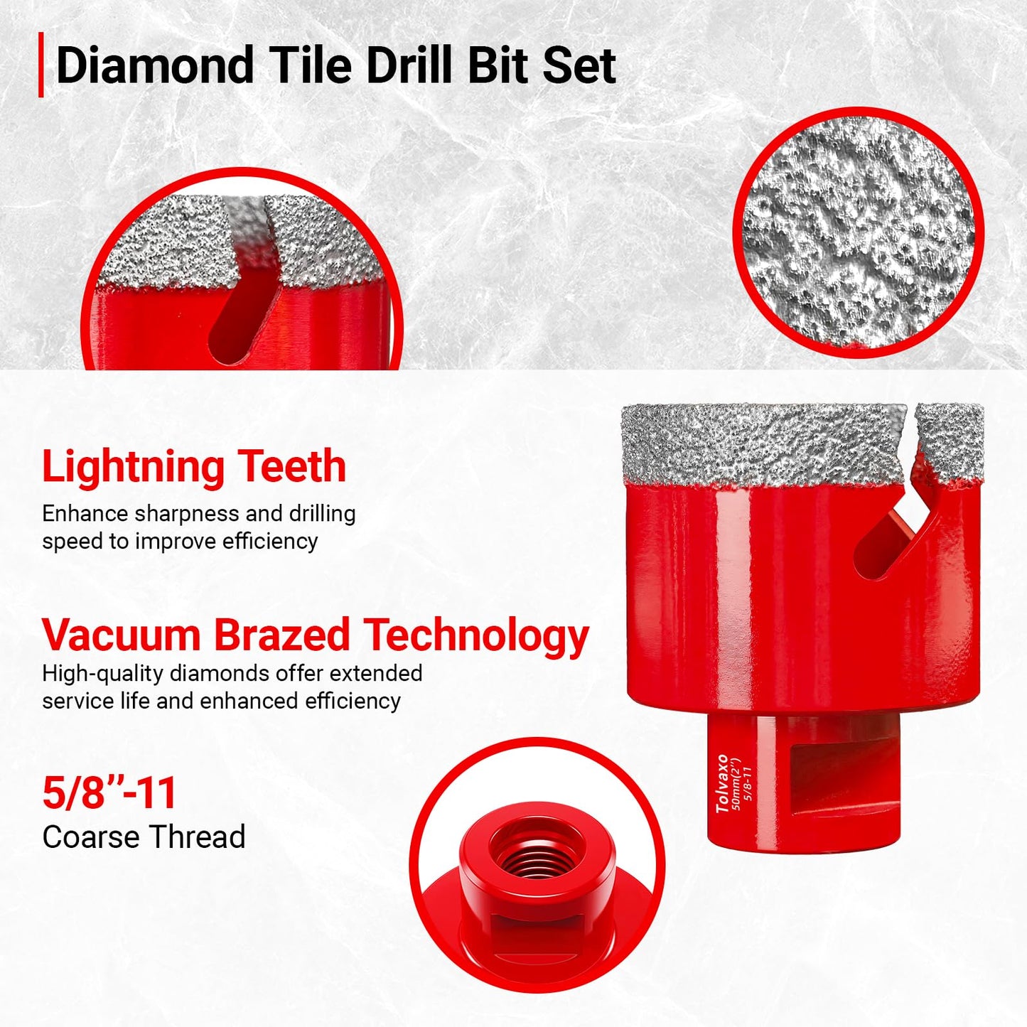 Tile Hole Saw Kit, Tolvaxo 11Pcs Brazing Diamond Hole Saw Kit for Porcelain Tile, Granite, Marble, Ceramic and More Drilling