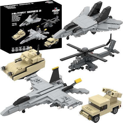 Apostrophe Games 5 Military Building Block Sets (730 Pieces) F/A-18 Hornet F-14 Tomcat Fighter Jet AH-64 Apache Helicopter M2 Bradley Tank and Humvee Avenger