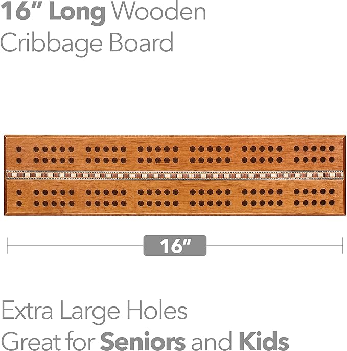 Sterling Games Extra Large Extra Long Cribbage 16 Wooden Game Board 2 Persons Double Track Board with 1/4 Holes and Italian Inlaid Large Wooden Pegs Great for Seniors and Children