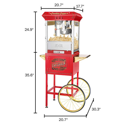 Pasadena Popcorn Machine with Cart- Popper Makes 3 Gallons- 8-Ounce Kettle, Old Maids Drawer, Warming Tray & Scoop by Great Northern Popcorn (Red)