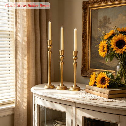 Wenbery Gold Candlestick Holders Set of 3, Heavy Cast Iron Candle Holder for Table Centerpiece, Antique Brass Finish
