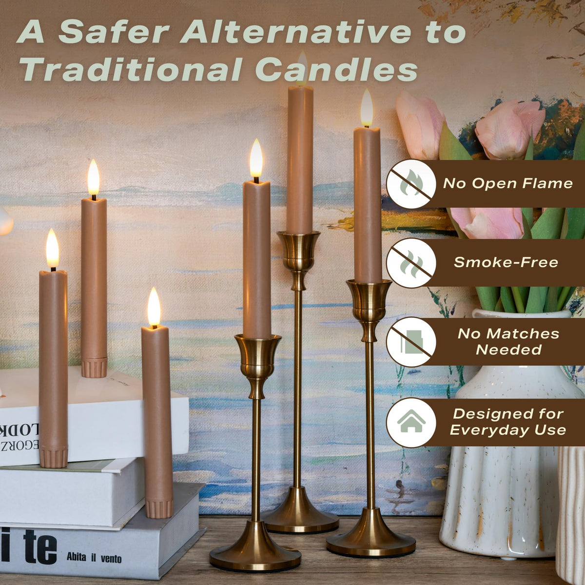 AFINETH Brown Flameless Taper Candles with Remote, Short Battery Operated LED Candles, 6.4inch Flickering Flameless Candlesticks for Table Centerpiece, Farmhouse, Mantel, Window Decor, Set of 6