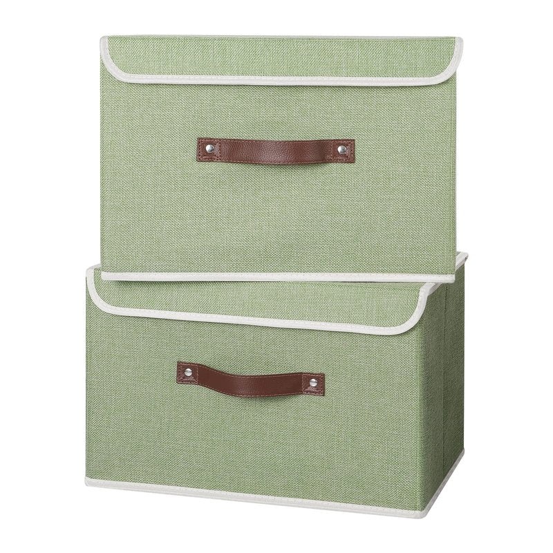 ANMINY 4PCS Storage Bins with Lid PU Leather Handles Storage Boxes PP Plastic Board Decorative Foldable Lidded Cotton Linen Fabric Home Cubes Baskets Closet Organizer Containers - Green, Large Size
