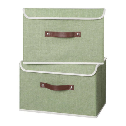ANMINY 4PCS Storage Bins with Lid PU Leather Handles Storage Boxes PP Plastic Board Decorative Foldable Lidded Cotton Linen Fabric Home Cubes Baskets Closet Organizer Containers - Green, Large Size