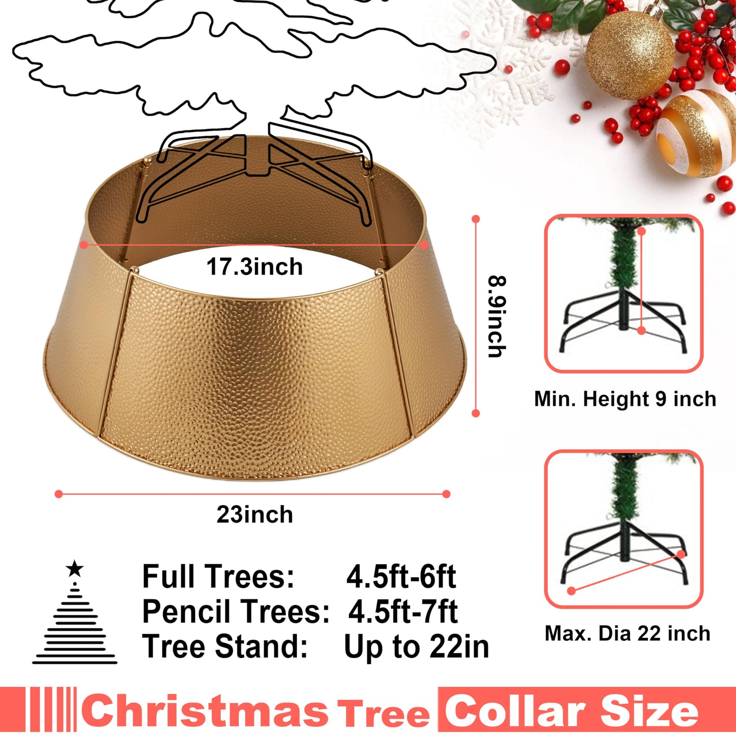 Christmas Tree Collar and Skirt Set - 23" Festive Holiday Decor with Gold Metal Tree Collar Base Stand - Ideal for Real or Artificial Trees - Christmas Skirt Tree Basket Decorations Gift Gold1