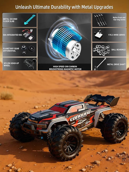 1:16 Scale RC Cars for Adults High-Speed 4WD Offroad Hobby Remote Control Truck 50km/h Fast 2.4GHz All Terrain RC Monster Buggy with 2 Batteries (RTR/Red)