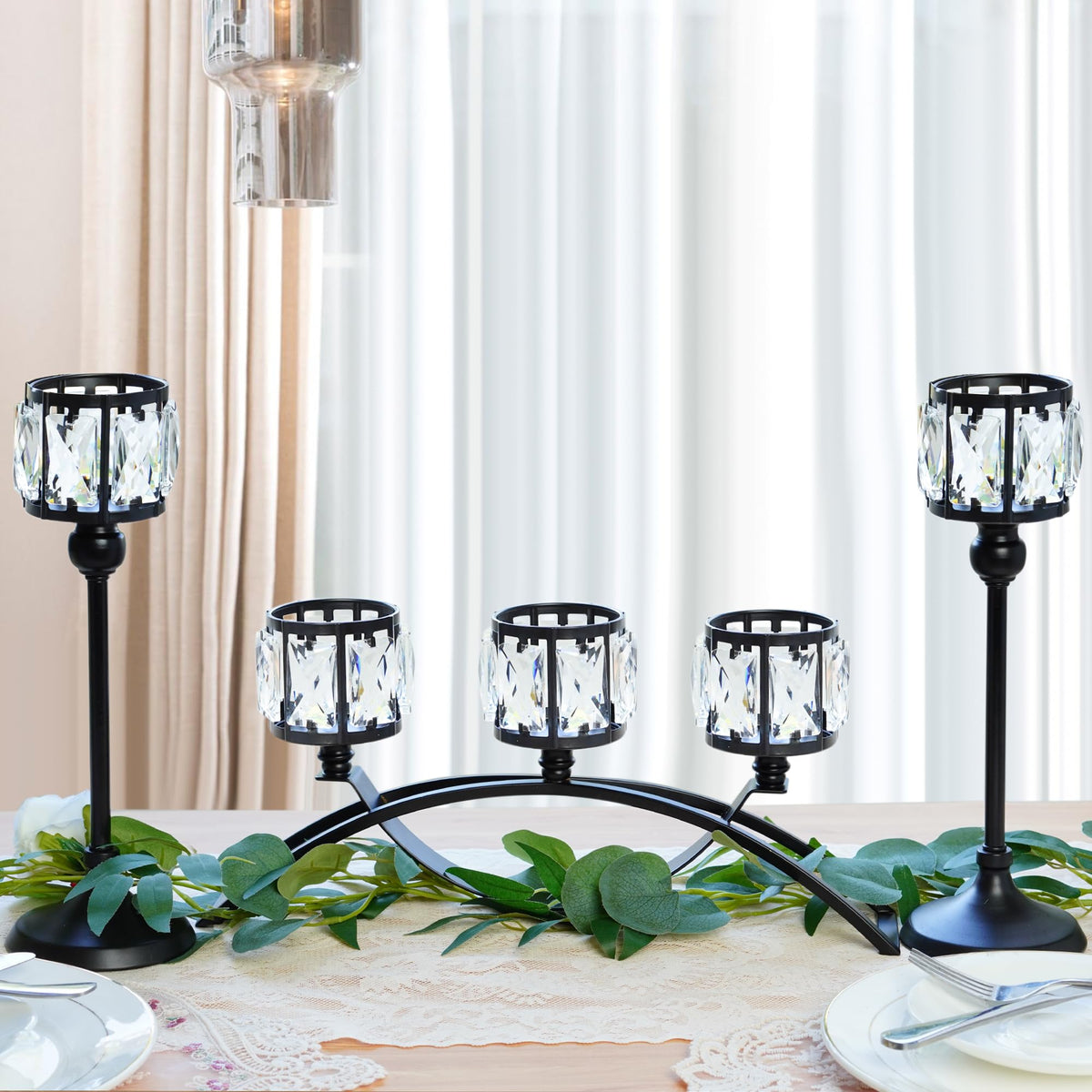 3 Arms Crystal Bowl Tealight Candelabra Votive Candle Stand, Wedding centerpieces for Tables Crystal Candlestick，Centerpiece Table Decorations (Set of Black)