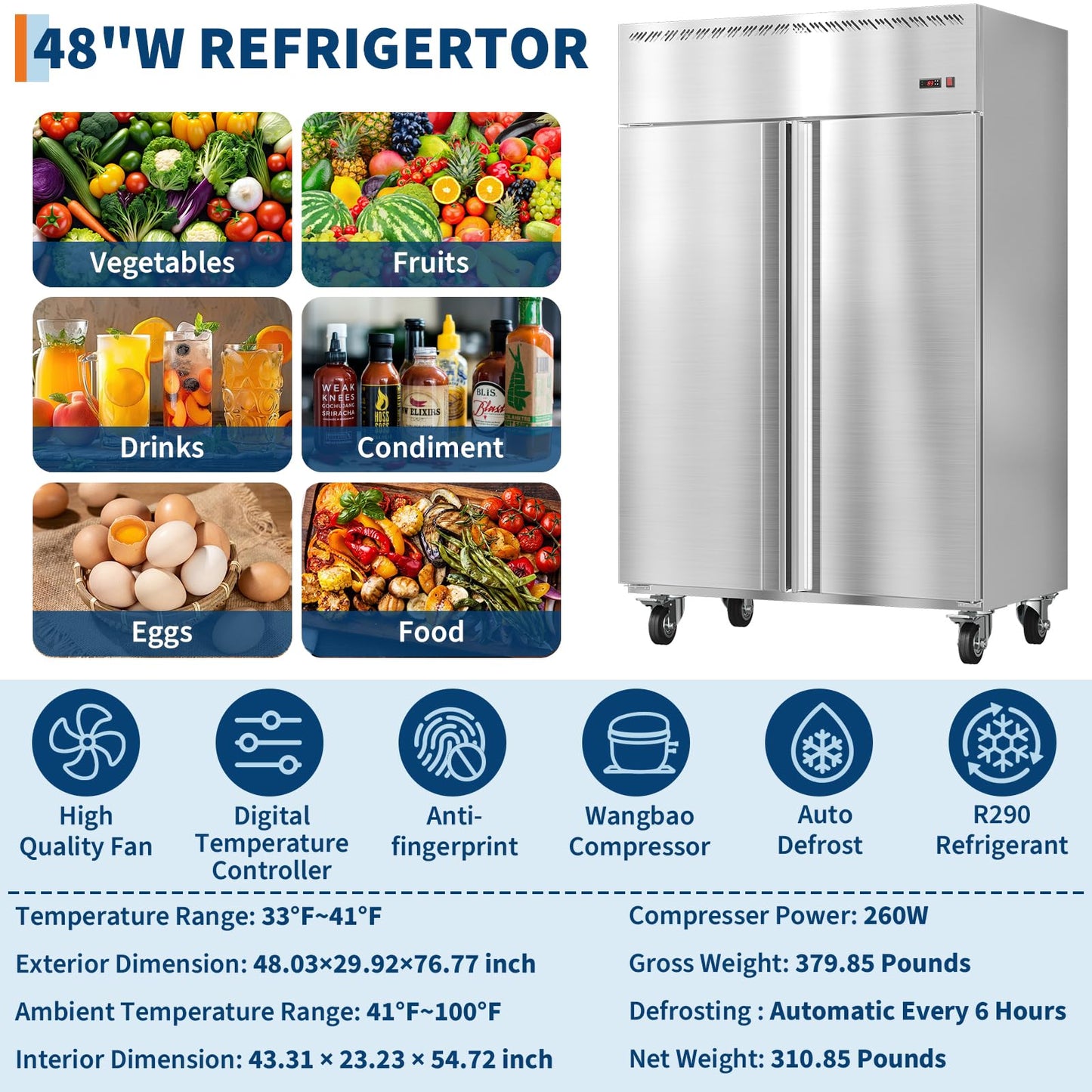 48 Inch Wide Commercial Refrigerator, 36 Cu.ft Upright Refrigerator Only No Freezer, 2 Door 2 Section industrial fridge with Auto Defrost & 6 Adjustable Shelves for Restaurant, Bar, Kitchen, Shop