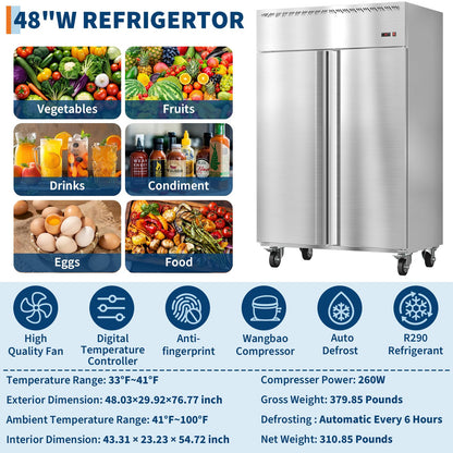48 Inch Wide Commercial Refrigerator, 36 Cu.ft Upright Refrigerator Only No Freezer, 2 Door 2 Section industrial fridge with Auto Defrost & 6 Adjustable Shelves for Restaurant, Bar, Kitchen, Shop