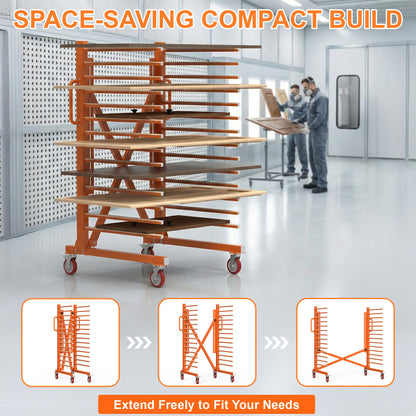 Tredre 15-Tier Paint Drying Rack with Nylon Wheels, Width Adjustable 12"-58", Heavy Duty Cabinet Door Drying Rack, 110 lbs Per Tier, Space-Saving Metal Paint Rack for Workshop, Spray Booth, Factory