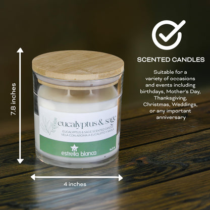 Estrella Blanca Eucalyptus Sage Scented Candles, 14.5 oz 3 Wick Candle, Large Jar, Long Lasting Burn, Fresh Herbal Aroma for Relaxation, Spa, Home Décor, Living Room, Bedroom, or Gift