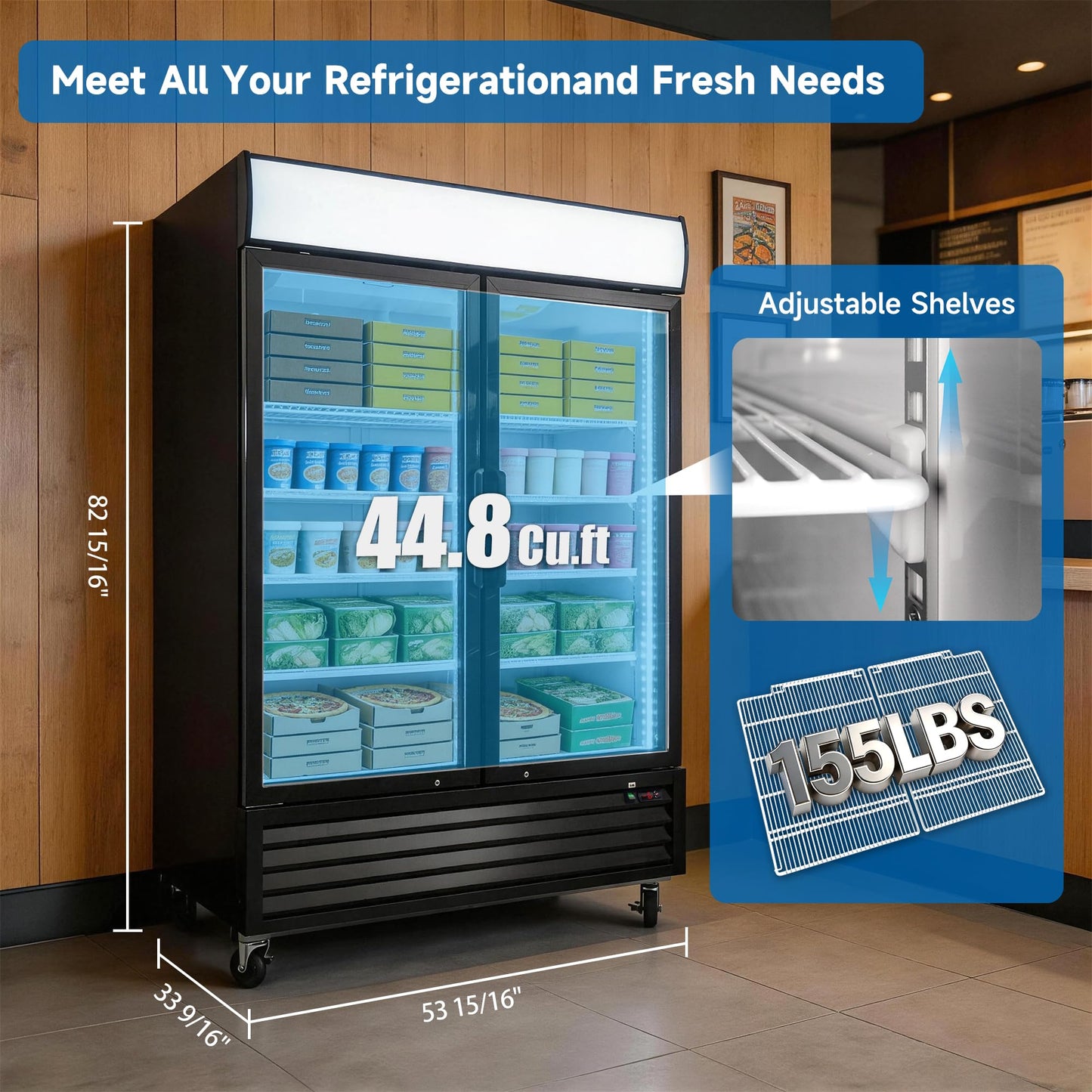 54" Commercial Merchandiser Freezer,46 Cu.ft Commercial Display Freezer with 2 Glass Door,Upright Freeze Storage w/Auto Defrost,LED Lighting & ETL Certified,for Supermarkets,Ice Cream,Black