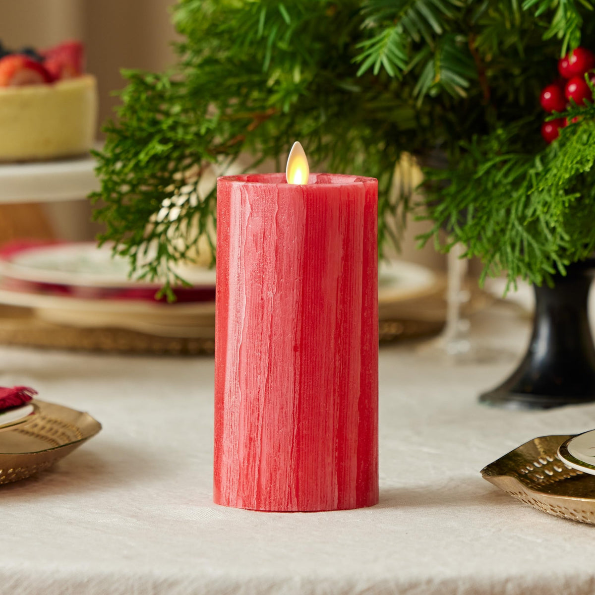 Luminara Selenite Looking Flameless Candle, Holiday Red 3" x 6.5", Battery Operated Real Wax Moving Flame LED Pillar w/Timer, Home Decor Unscented
