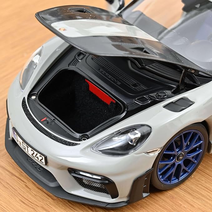 Norev 187253 2023 Porsche Cayman GT4 RS Weissach Pack Chalk Gray with Carbon Hood Stripes 1-18 Scale Diecast Model Car
