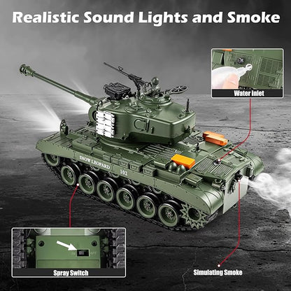 1:18 RC Tank 2.4G US M26 Pershing Remote Control Tank Model Toys That Shoot BBS Army Vehicle Toy with Smoke Lights Sound and RecoilMilitary RC Vehicle for Adults and Kids 6+ Years Old