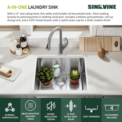 SINKVINE 23-inch Undermount Laundry Utility Sink - 23x19x13 Extra Deep Stainless Steel Single Bowl Basin with Drain Strainer, Bottom Grid & Drying Unit for Laundry Room, Outdoor, Garage, Kitchen Use