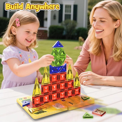 Mini Magnetic Tiles Travel Set - 40PCS Diamond Texture Magnetic Building Blocks for Kids 10% Thicker &amp Portable Yellow Metal Storage Box Montessori STEM Educational Toys Gift for Ages 3+