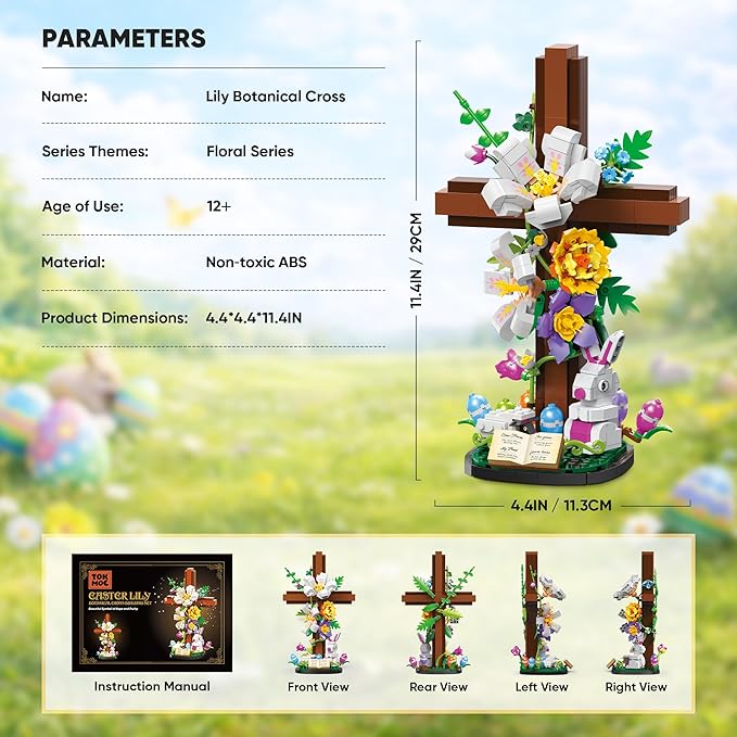 Easter Cross Flower Building Blocks Set - Jesus Botanical Lily Cross with Bunny Lamb &amp Eggs - Religious Christian Gifts for Women &amp Adults - Spring Resurrection Home Decor