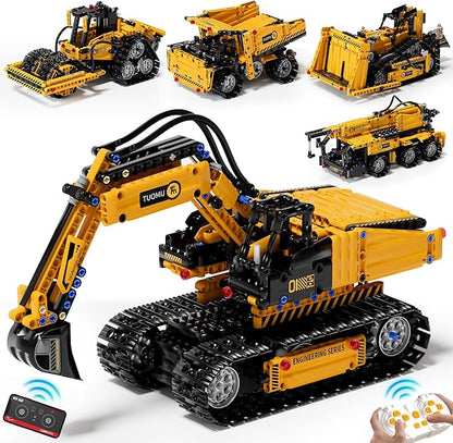 5 in 1 STEM Building Block Set for Kids Ages 8-14 Remote Control and App Controlled Excavator/Crane/Truck/Bulldozer/Roller Birthday Gift for 8 9 10 11 12+ Years Old