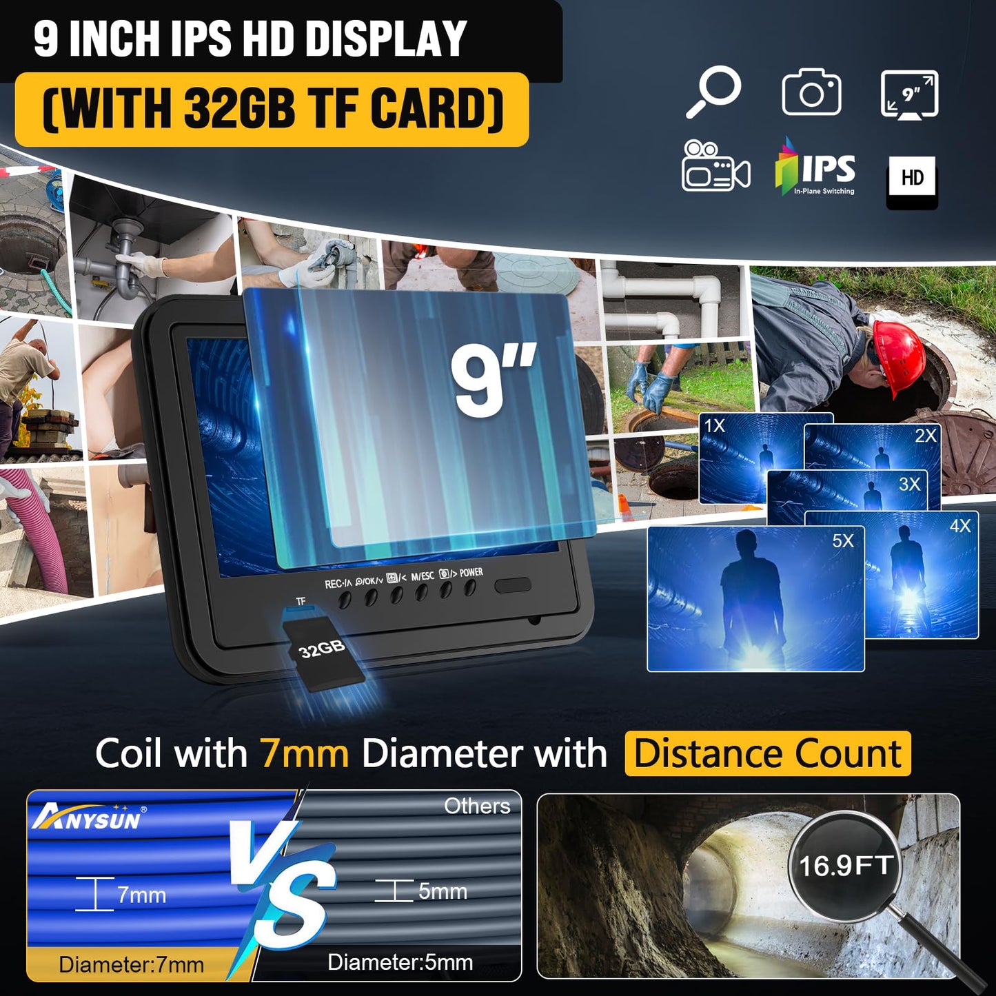 Sewer Camera 200FT with Locator and Receiver Sets with Distance Count, Self-Leveling, 512Hz Sonde IP68 Waterproof Cam, 9" Pipe Drain Inspection with 12pcs Light, DVR with 32GB Card, 7mm Cable