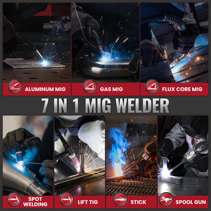 bestarc 215Amp MIG Welder, 110V 220V Gas MIG/Flux Core MIG/Stick/Lift TIG/Spool Gun/Spot Welding 7 IN 1 Aluminum Welding Machine, IGBT Multiprocess bestarc Welder with Synergy, Spool Gun Compatible