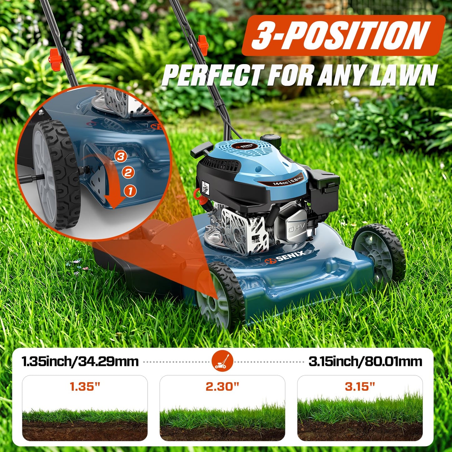 SENIX 20" Gas Lawn Mower, 144 cc Gas Powered Lawnmower, 4-Cycle Engine Walk-Behind Push Lawn Mowers, 3 Cutting Height, Lightweight,for Garden Yard