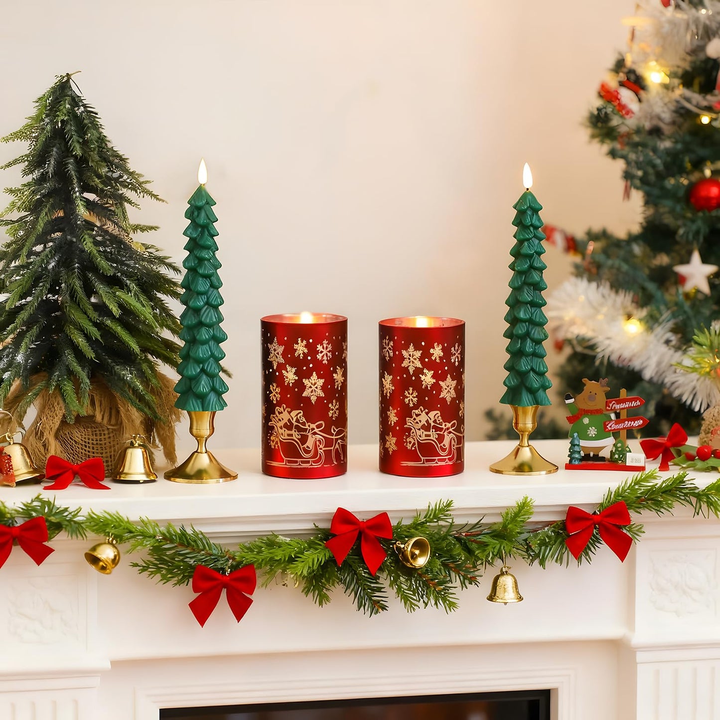 Lezonic Christmas Flameless Candles with Remote, Green Christmas Tree Flickering Battery Operated Window Candlesticks, Red Glass Xmas New Year Decorations Gifts, Set of 4 Real Wax LED Candles