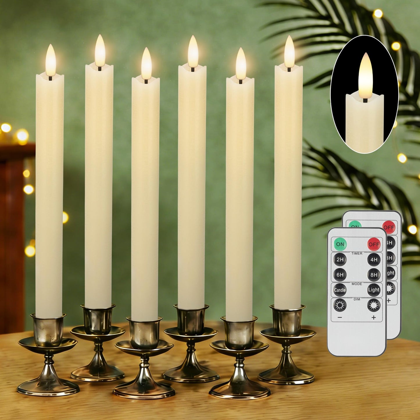 JOIONE Flameless Taper Candles with Remote, 6Pack Real Wax Battery Operated Taper Candles Flickering Flame, Warm Light Electric Fake LED Candles for Wedding & Mother's Day-Ivory