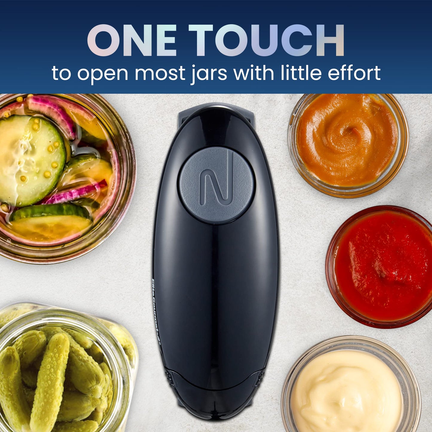 Elite Gourmet EJO800 High Power Torque Automatic Battery Operated Electric Jar Opener, One-Touch Electric Operation, Easily Remove Most-Size Lids with Auto-Size Guides, Black/Gray