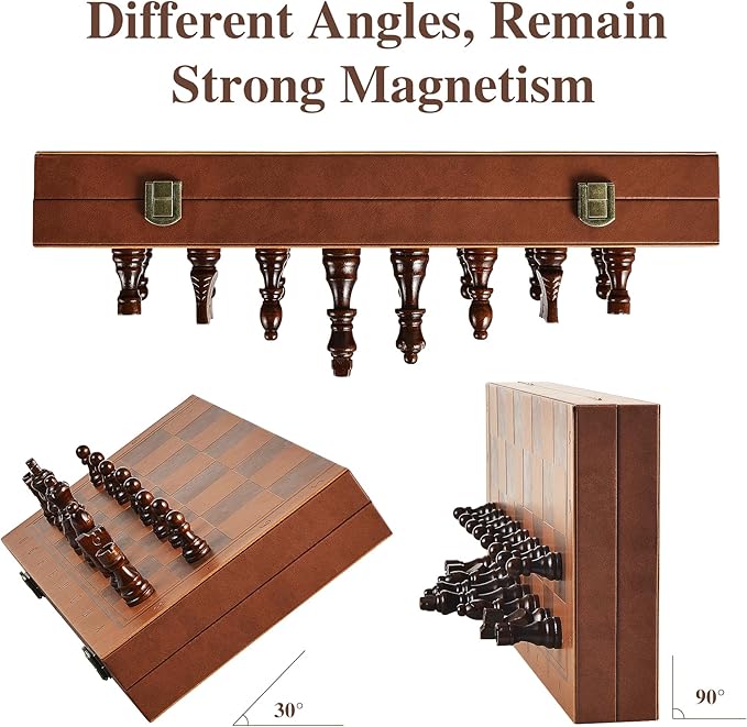 Magnetic Chess Set for Adult Kid 15.4 Leather Chess Board with Handmade Chess Piece Including 2 Extra Queens and Storage Slot Folding Portable Travel Chess Game for Beginner and Professional