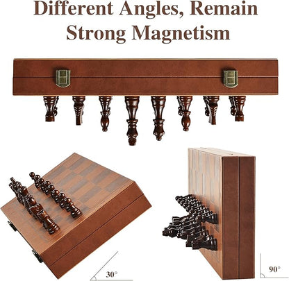 Magnetic Chess Set for Adult Kid 15.4 Leather Chess Board with Handmade Chess Piece Including 2 Extra Queens and Storage Slot Folding Portable Travel Chess Game for Beginner and Professional