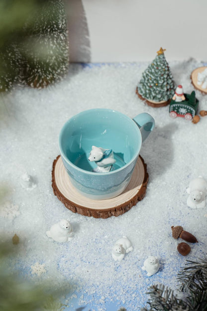 DIHOclub Skiing Polar Bear Ceramic Cup Hidden Animal Inside Mug Cute Cartoon Handmade Figurine Mugs,Holiday and Birthday Gift for Coffee Milk Tea Lovers,12 OZ(Blue White)