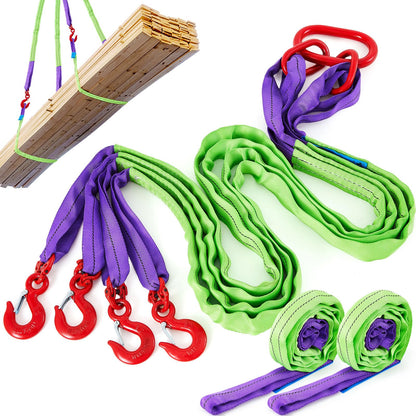 GliCraft 3 Pcs 6.6 ft Polyester Lifting Straps Set - Four Leg Bridle Web Sling & 2 Endless Round Slings Rigging Straps for Hoist, Engine, Crane, Machinery Moving & Tree Stump Removal 6600 lbs Capacity