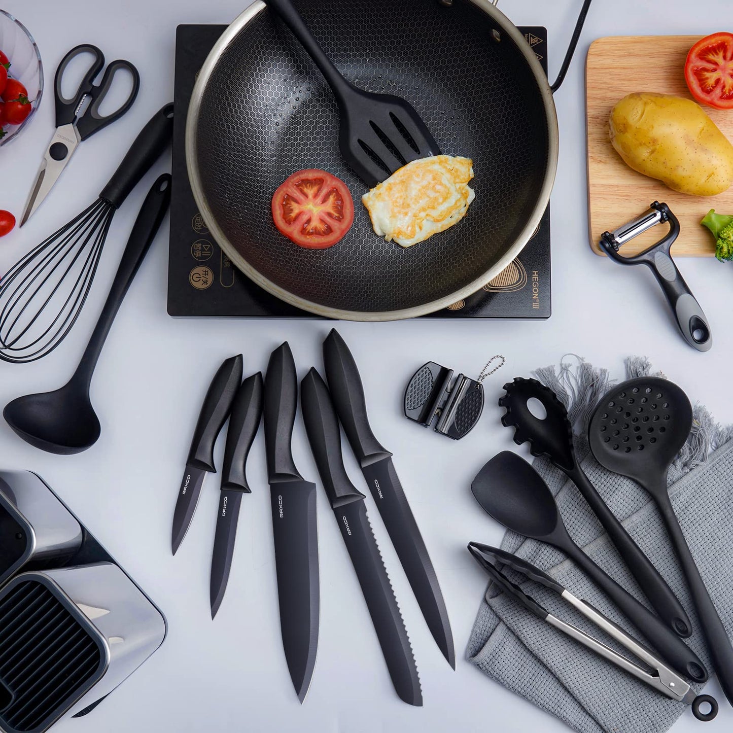 RAXCO Kitchen Utensils Set,18-Piece Cooking Tools and Sharp Knives,Stainless Steel Holder and Cutting Board