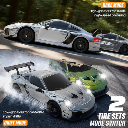 RC Drift Car 1:24 4WD Remote Control Cars Vehicle with LED Light2.4GHz 20KM/H High Speed RC Cars with Two Batteries &amp Drifting Tires Racing Sport Toy for Adults Boys Girls Kids Silve