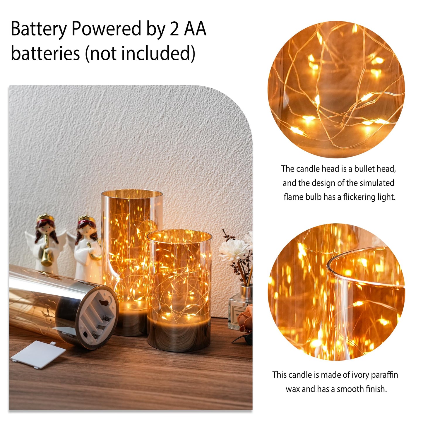 JHY DESIGN Set of 3 Glass Wax Flameless Candles Flickering Candles 6/8/10" H Glass Decorative Lights with Fairy String Lights Battery Powered for Home Party Wedding Indoor Outdoor (Champagne Plated)