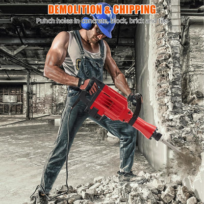 Demolition Jack Hammer 3600W 6PCS Chisels Bit Set W/Case, Jack Hammer Concrete Breaker Tool Kit, Noise-Canceling Earplug, Shoulder Strap
