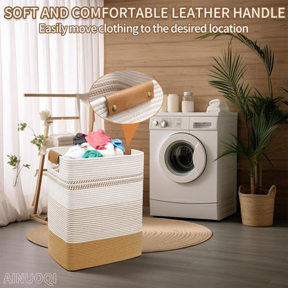 Large Laundry Hamper Basket, 85L Cotton Rope Woven Storage Bin for Blankets, Dirty Clothes Toys, Decorative Tall Basket with Leather Handles for Living Room, Bedroom, Bathroom, Nursery, Jute