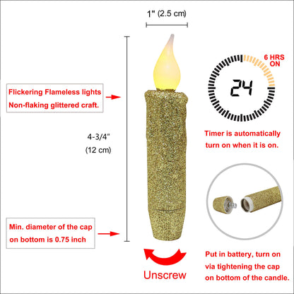 CVHOMEDECO. Glitter Flameless Candles Flickering Battery Operated LED Taper Candles with Timer for Home, Wedding, Halloween, Christmas Decor. Gold, 4-3/4 Inch, Set of 3