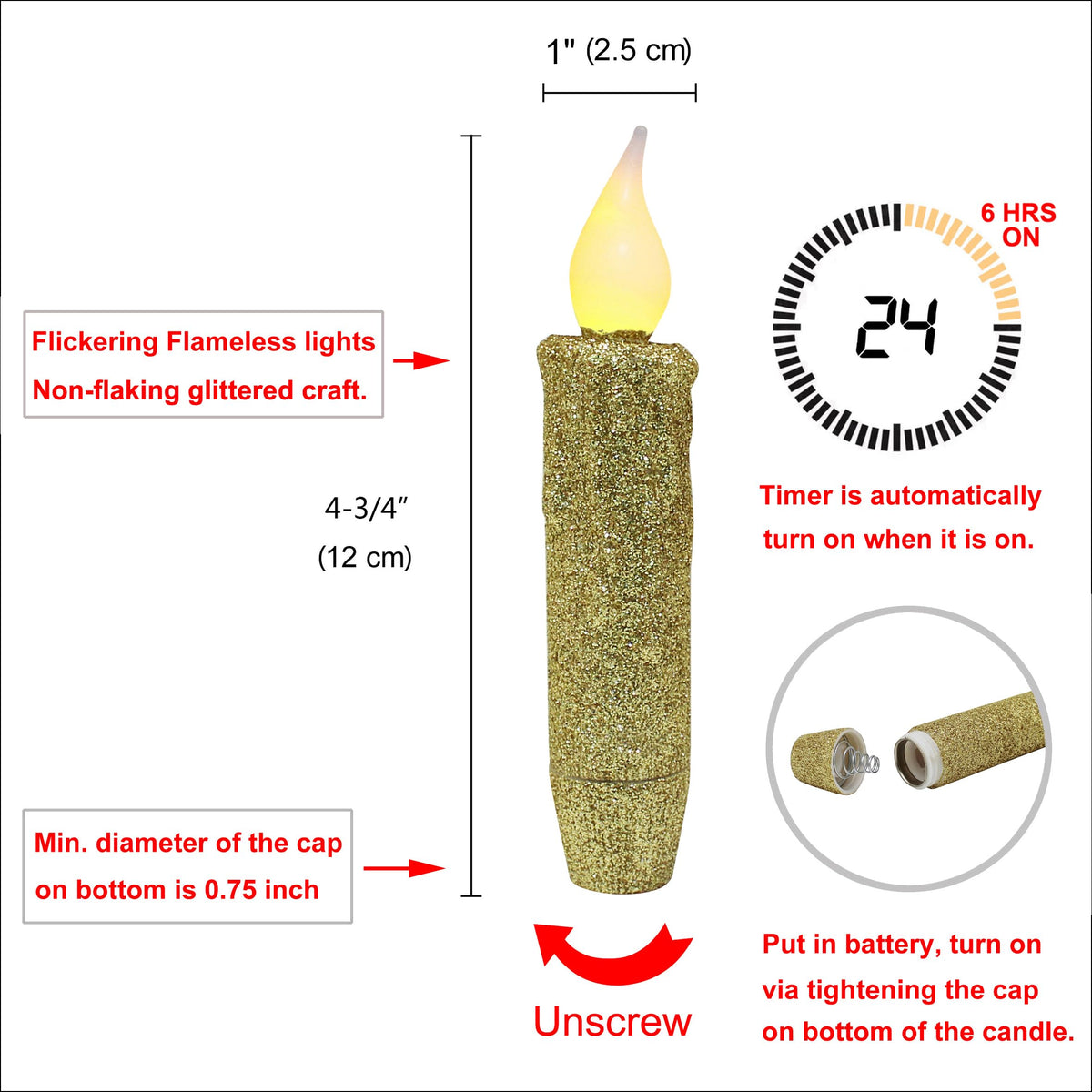 CVHOMEDECO. Glitter Flameless Candles Flickering Battery Operated LED Taper Candles with Timer for Home, Wedding, Halloween, Christmas Decor. Gold, 4-3/4 Inch, Set of 6