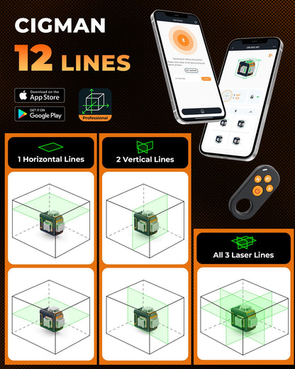 CIGMAN Green Laser Level, 3x360° Side LCD 12-Line Self-Leveling, Bluetooth App Remote, Pulse Mode for Receiver, ±1/8 in. at 33 ft Accuracy, 2x Li-ion (USB-C), 1/4-20 Mount, IP54, ABS Hard Case - S03