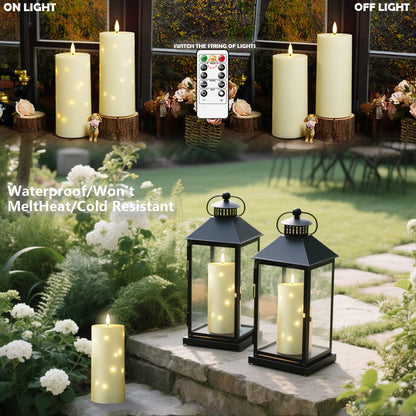 kakoya 10" x 4" Large Outdoor Waterproof Flickering Flameless Candles with Timer,2Pcs Battery Operated LED Pillar Candles with Embedded Star String for Outdoor Lanterns,Porch,Patio Decor(Ivory)