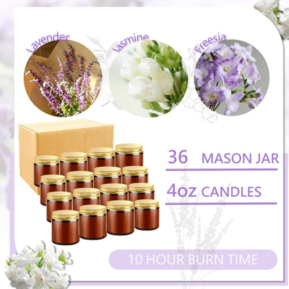 ACITHGL 36 Pcs 4oz Mini Mason Jar Candles Small Scented Candles Bulk Aromatherapy Ideal Souvenir Favors for Wedding Birthday Party (Freesia, Lavender, Jasmine, Amber)