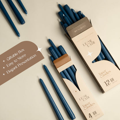 Leor & Lair Blue Taper Candles - 12 Pack 10" Blue Candlesticks - Unscented Long Burning Candle Sticks for Winter, July 4th Decoration, Dinner, Hanukkah, Weddings, Restaurants & Events