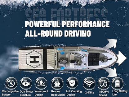 22 Inch 56CM Remote Controlled Warship Battleship Aircraft Carrier 15km/h 2.4G 8WD RC Boat Spaying Water LED Walk On Water Lakes Pools for 14Y+ Blue (2 Water-Cannons 1 Shooting &amp1 No-Shooting)