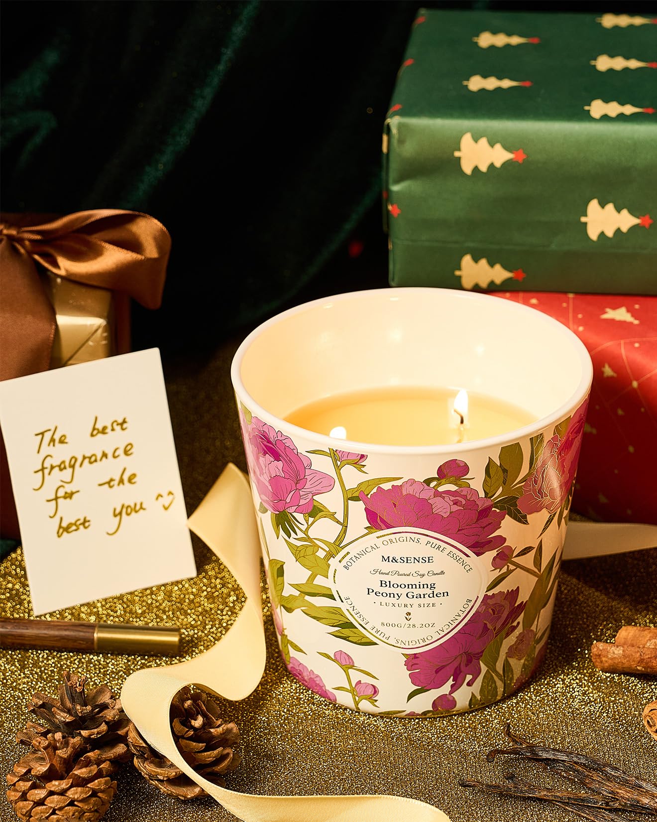 M&SENSE Blooming Peony Scented Candle, 28.2oz 3 Wick Natural Soy Wax Large Candles, Long Lasting Clean Slow Burning No Toxic Décor for Home Relaxation, Romantic Dates & Gift-Giving