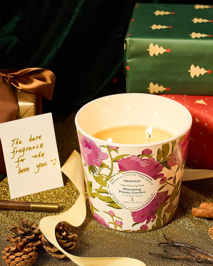 M&SENSE Blooming Peony Scented Candle, 28.2oz 3 Wick Natural Soy Wax Large Candles, Long Lasting Clean Slow Burning No Toxic Décor for Home Relaxation, Romantic Dates & Gift-Giving